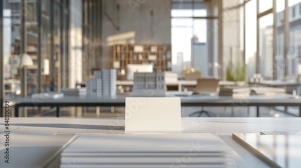 Fototapeta Innovative Architectural Workspace Blank Business Cards on Minimalist Desks in Modern Glass Office Design and Creativity Concept
