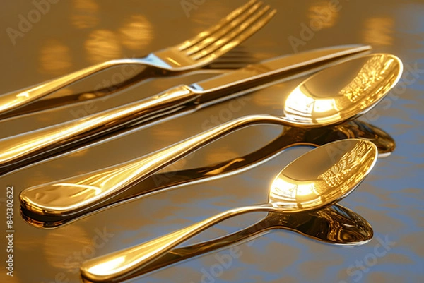 Fototapeta golden fork and spoon, A set of elegant gold flatware, featuring a spoon and fork, arranged beautifully on a polished surface