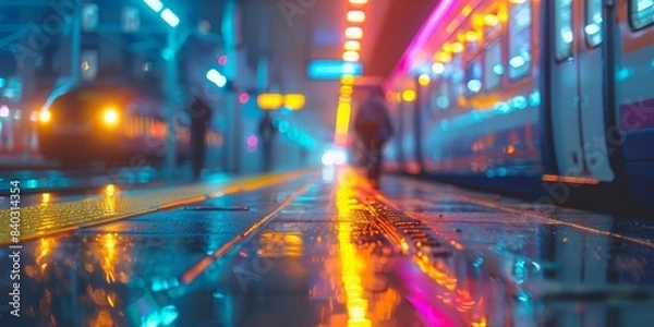 Fototapeta Urban Train Station close up, focus on, copy space Modern architecture, sleek design, dynamic movement, Double exposure silhouette with trains and station