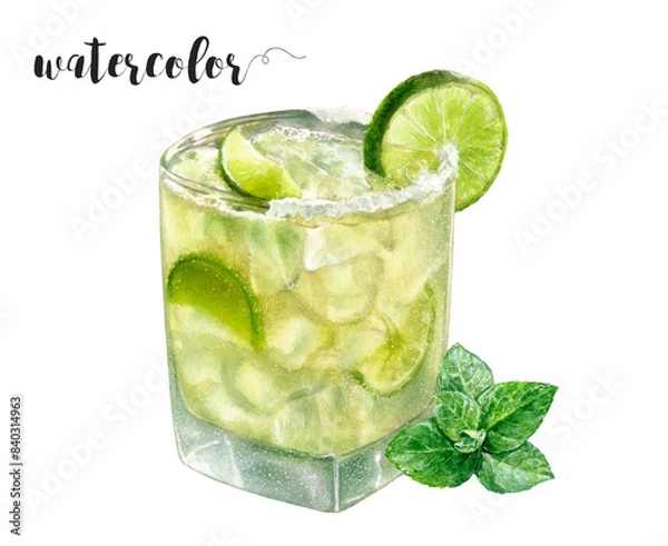 Fototapeta A watercolor painting showcases a margarita cocktail  garnished with lime slices and mint leaves, highlighting the vibrant colors of citrus fruit and fines herbes. PNG