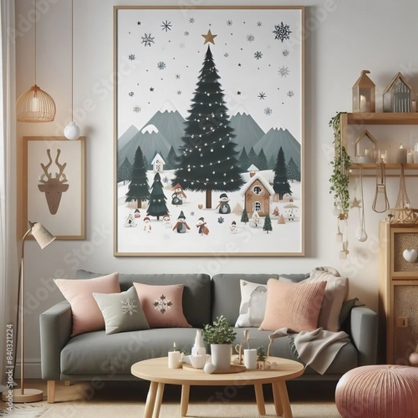 Fototapeta A living room style interior set design with a mockup poster empty white and with a large picture of a christmas tree and a coffee table.