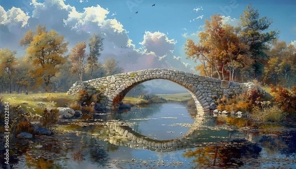 Fototapeta Scenic stone bridge over a serene river surrounded by autumn trees and clear sky, reflecting a peaceful nature landscape.
