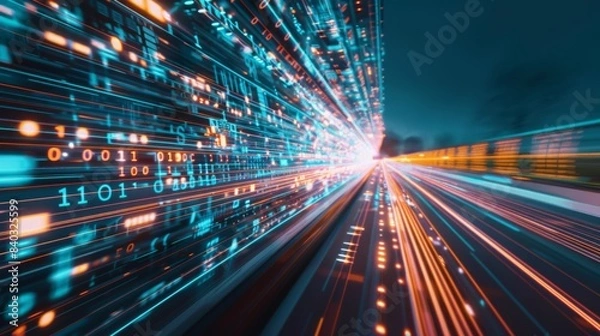 Fototapeta Digital data flow on road with motion blur to create vision of fast speed transfer . Concept of future digital transformation