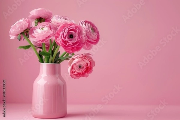 Obraz Pink ranunculus bouquet in pink vase on pink background. Copyspace