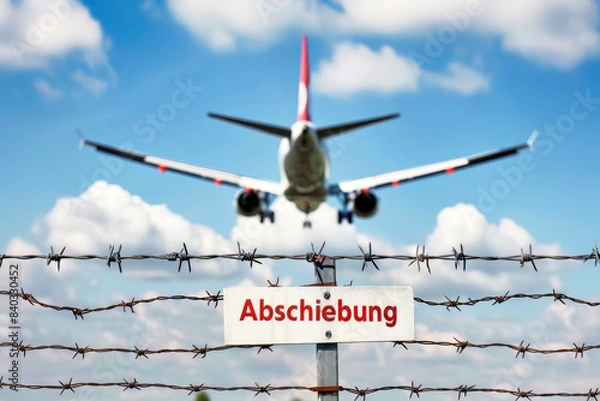 Obraz Flugzeug beim Start mit Schild Abschiebung - Symbolbild 