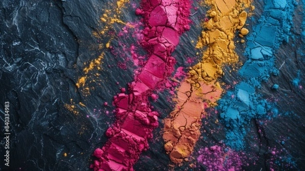 Fototapeta Happy Holi decoration, the indian festival.Top view of colorful holi powder on dark stone background.