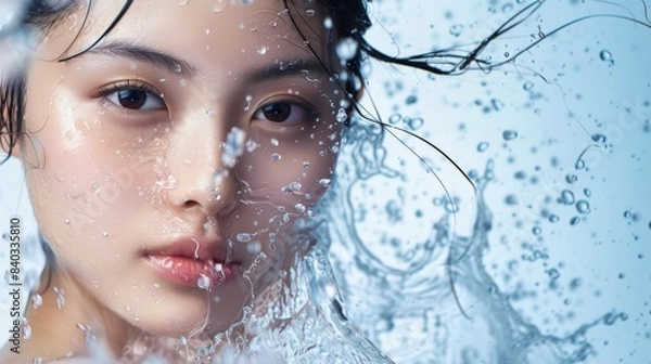 Obraz Beautiful Asian woman with clear skin with water splashes on the background
