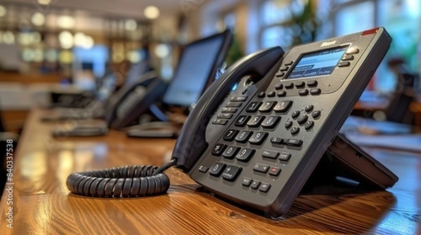 Obraz close up of a modern ip telephone set for the concepts of office work and corporate environments.stock image