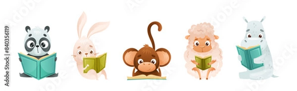 Obraz Cute Animal Character Reading Book Enjoying Interesting Story Vector Set