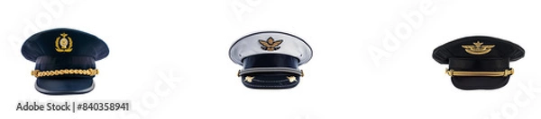 Fototapeta set of elegant navy ship captain hats, high-ranking army general hats, and police officer security guard caps in various colors, isolated on white PNG transparent background