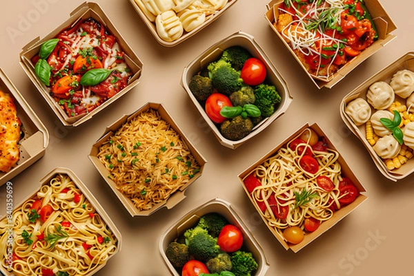 Obraz top view food in cartons isolated on beige background, food delivery concept 