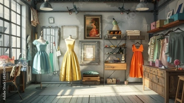 Obraz Timeless Elegance Vintage Fashion Studio with Classic Dresses Mannequin and Business Cards Display Nostalgic Style and Sophistication for Fashion Enthusiasts and Collectors