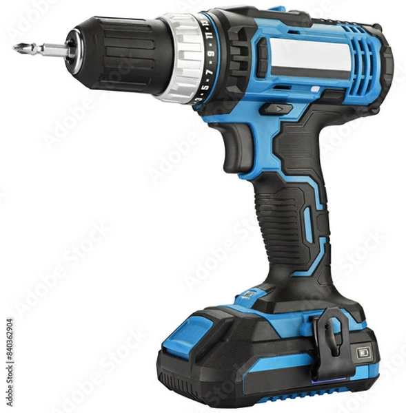 Obraz Blue and black Cordless Power Drill, Rechargeable Electric Screwdriver isolated on a transparent background.