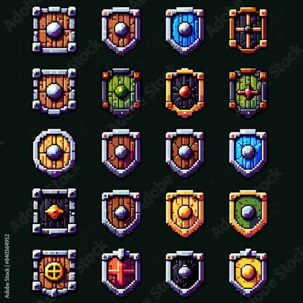Fototapeta A sprite sheet of pixel art icons for RPG game wooden shields