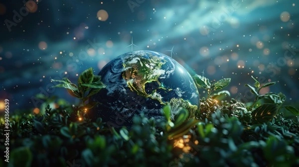 Fototapeta A digital rendering of Earth with green energy symbols like wind turbines and solar panels, a green planet, a dynamic composition, and a copy area