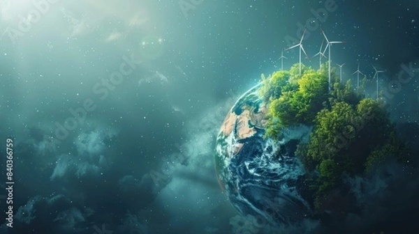 Fototapeta A digital rendering of Earth with green energy symbols like wind turbines and solar panels, a green planet, a dynamic composition, and a copy area