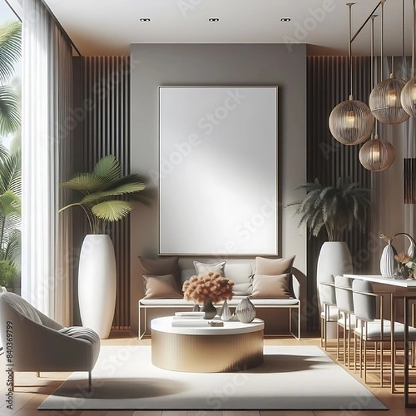 Fototapeta A living room style interior set design with a mockup poster empty white and with a large picture frame decoration Vibrant informative creative.