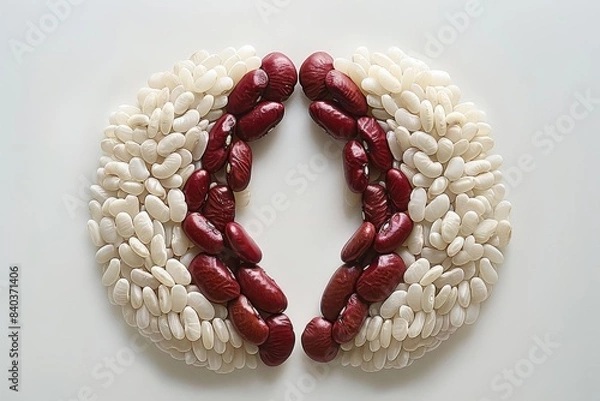 Fototapeta An artistic arrangement of kidney beans and white rice in a circular pattern, emphasizing their textures and culinary significance, ideal for creative food presentations