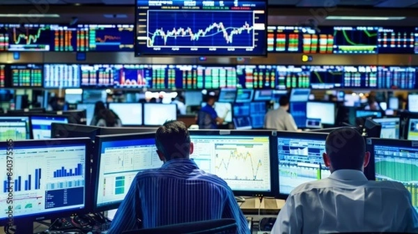 Obraz A dynamic display of stock market graphs on multiple screens in a busy trading floor environment
