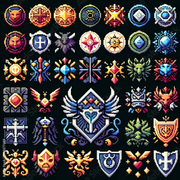 Fototapeta Pixel Art Icons of RPG Hero's Crests
