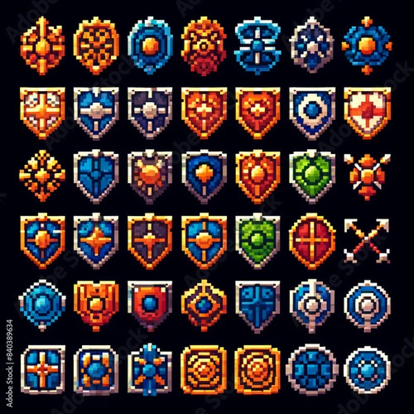 Fototapeta RPG pixel art ancient shield icons sprite sheet