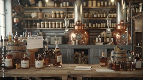 Fototapeta Crafting Artisanal Spirits Rustic Distillery Scene with Blank Business Cards Copper Stills and Oak Barrels