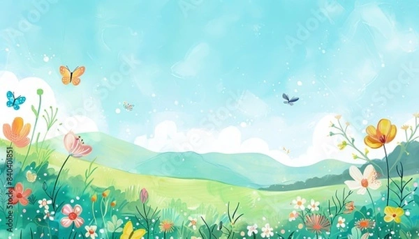 Fototapeta Bright and colorful spring landscape illustration with flowers, butterflies, and a clear blue sky perfect for various design projects.