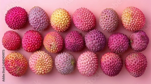 Fototapeta   A close-up of vibrant fruit on a soft pink backdrop, featuring just a few juicy pieces in the center