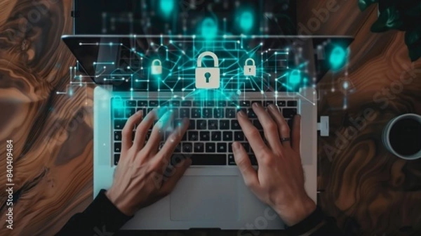 Fototapeta Hands interacting with a laptop keyboard with emerging padlock graphics symbolizing network security and data safety.