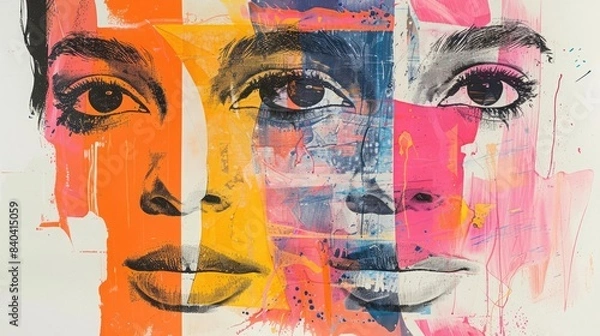 Fototapeta Colorful abstract portrait painting with vibrant orange, pink, and blue hues, featuring expressive female faces.