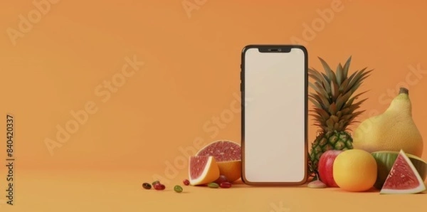 Fototapeta Mobile App Showcase Template with Fresh Fruits and Smartphone, perfect for Food Service Apps