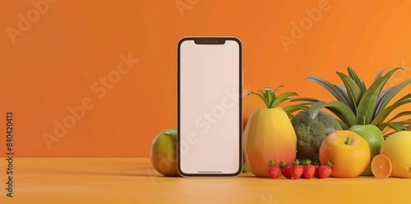Fototapeta Mobile App Showcase Template with Fresh Fruits and Smartphone, perfect for Food Service Apps