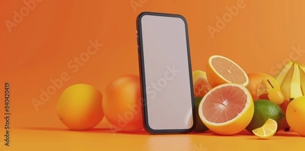 Fototapeta Mobile App Showcase Template with Fresh Fruits and Smartphone, perfect for Food Service Apps
