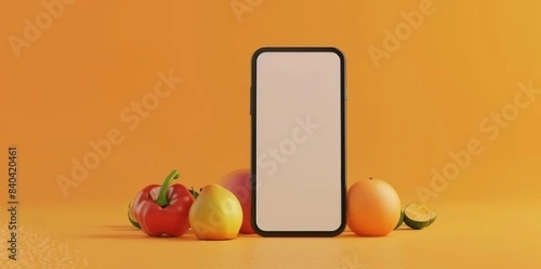Fototapeta Mobile App Showcase Template with Fresh Fruits and Smartphone, perfect for Food Service Apps