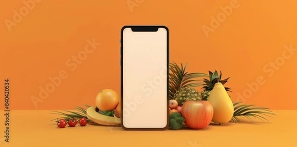 Fototapeta Mobile App Showcase Template with Fresh Fruits and Smartphone, perfect for Food Service Apps