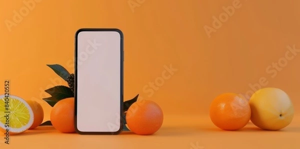 Fototapeta Mobile App Showcase Template with Fresh Fruits and Smartphone, perfect for Food Service Apps