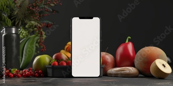 Fototapeta Mobile App Showcase Template with Fresh Fruits and Smartphone, perfect for Food Service Apps