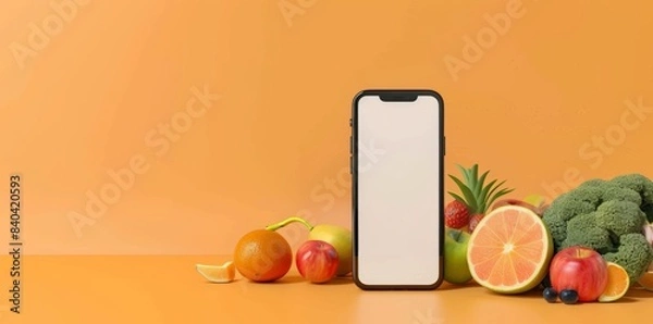 Fototapeta Mobile App Showcase Template with Fresh Fruits and Smartphone, perfect for Food Service Apps
