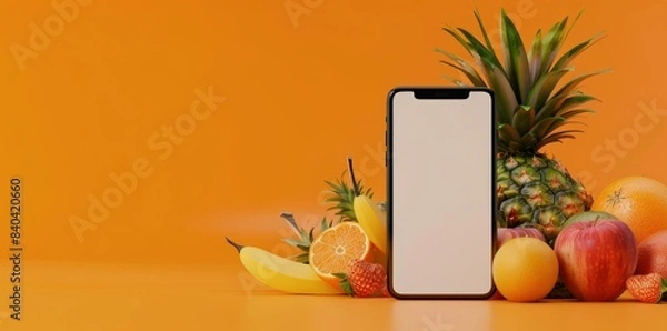 Fototapeta Mobile App Showcase Template with Fresh Fruits and Smartphone, perfect for Food Service Apps