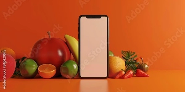 Fototapeta Mobile App Showcase Template with Fresh Fruits and Smartphone, perfect for Food Service Apps