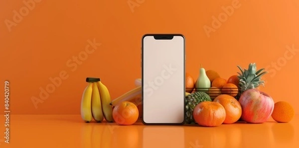 Fototapeta Mobile App Showcase Template with Fresh Fruits and Smartphone, perfect for Food Service Apps