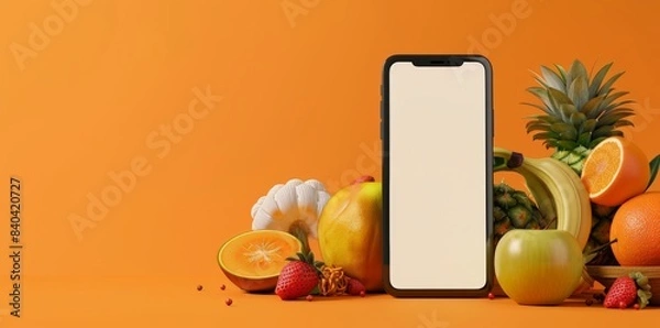 Fototapeta Mobile App Showcase Template with Fresh Fruits and Smartphone, perfect for Food Service Apps