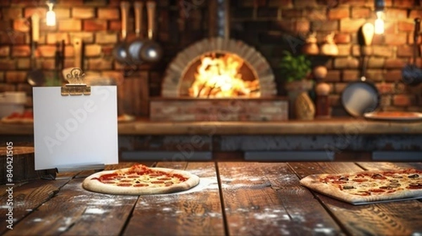 Fototapeta Artisanal Brick Oven Pizzeria Open Kitchen Woodfired Pizzas and Business Cards on Counter