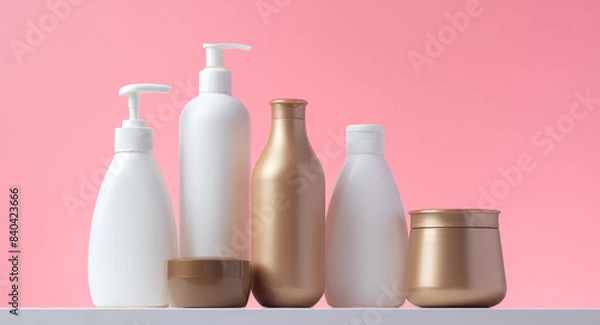 Obraz Set of cosmetic bottles, cream jar in bathroom. Toiletries for personal hygiene. Plastic container, liquid soap dispenser. Various beauty care products on shelf in home pink bath. Shampoo, hair mask.