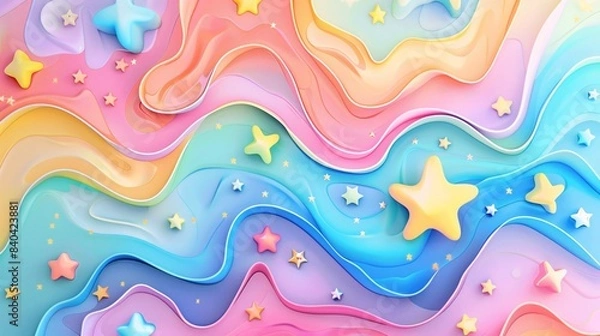 Obraz Fantasy-inspired poster with a vibrant mix of rainbow colors and stars, celebrating a birthday party; the design features flowing graphic elements and pastel hues for a magical effect