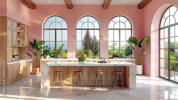 Obraz An elegant kitchen featuring light pink walls, white oak cabinets, and marble countertops.