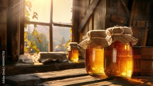 Fototapeta An array of honey jars, each unique in size and shape, some wrapped in rustic burlap while others remain bare, neatly arranged on a wooden table against a rich, dark wood backdrop.