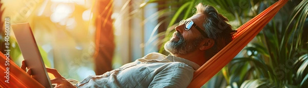 Fototapeta Photo Realistic CEO Relaxing in Hammock with Tablet, Browsing Social Media Insights for Innovation and Relaxation in Leadership
