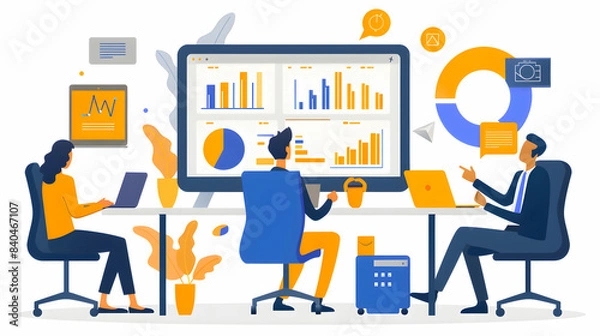 Fototapeta Modern Collaboration: Marketing Director Leads Hybrid Campaign Review with Team In Office  Remote for Comprehensive Analysis   Photo Realistic Stock Concept