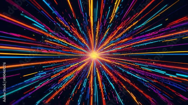Fototapeta Neon lines converging in a psychedelic explosion of color 3d style isolated flying objects memphis style 3d render